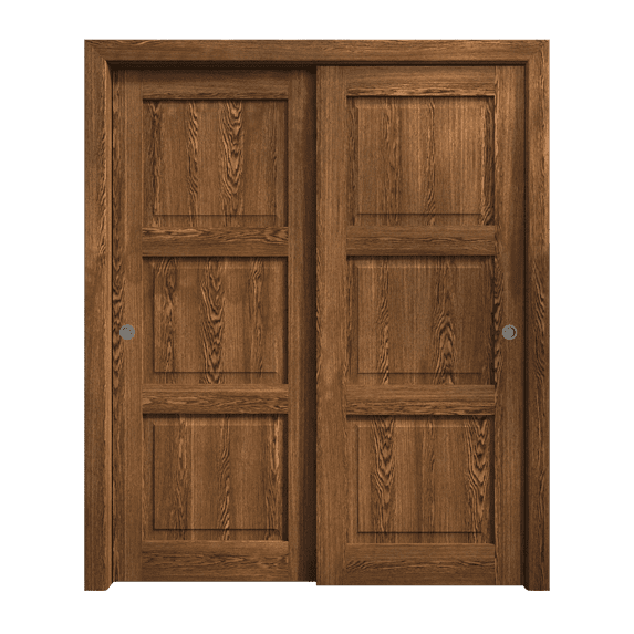 Sliding Closet Bypass Doors 72 x 80 inches | Ego 5010 Cognac Oak | Rails Hardware Set | Wood Solid Bedroom Wardrobe Doors