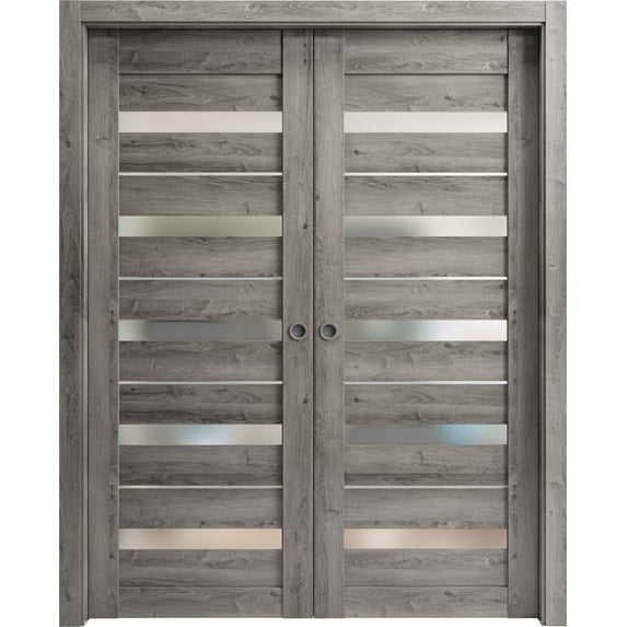 Sliding Closet Bypass Doors 72 x 80 inches | Lucia 2166 Matte Black Clear Glass | Sturdy Rails Moldings Trims Hardware Set | Wood Solid Bedroom Wardrobe Doors