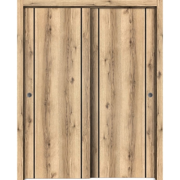Sliding Closet Bypass Doors 72 x 80 inches | Planum 0017 Oak with Frosted Glass | Sturdy Rails Moldings Trims Hardware Set | Wood Solid Bedroom Wardrobe Doors