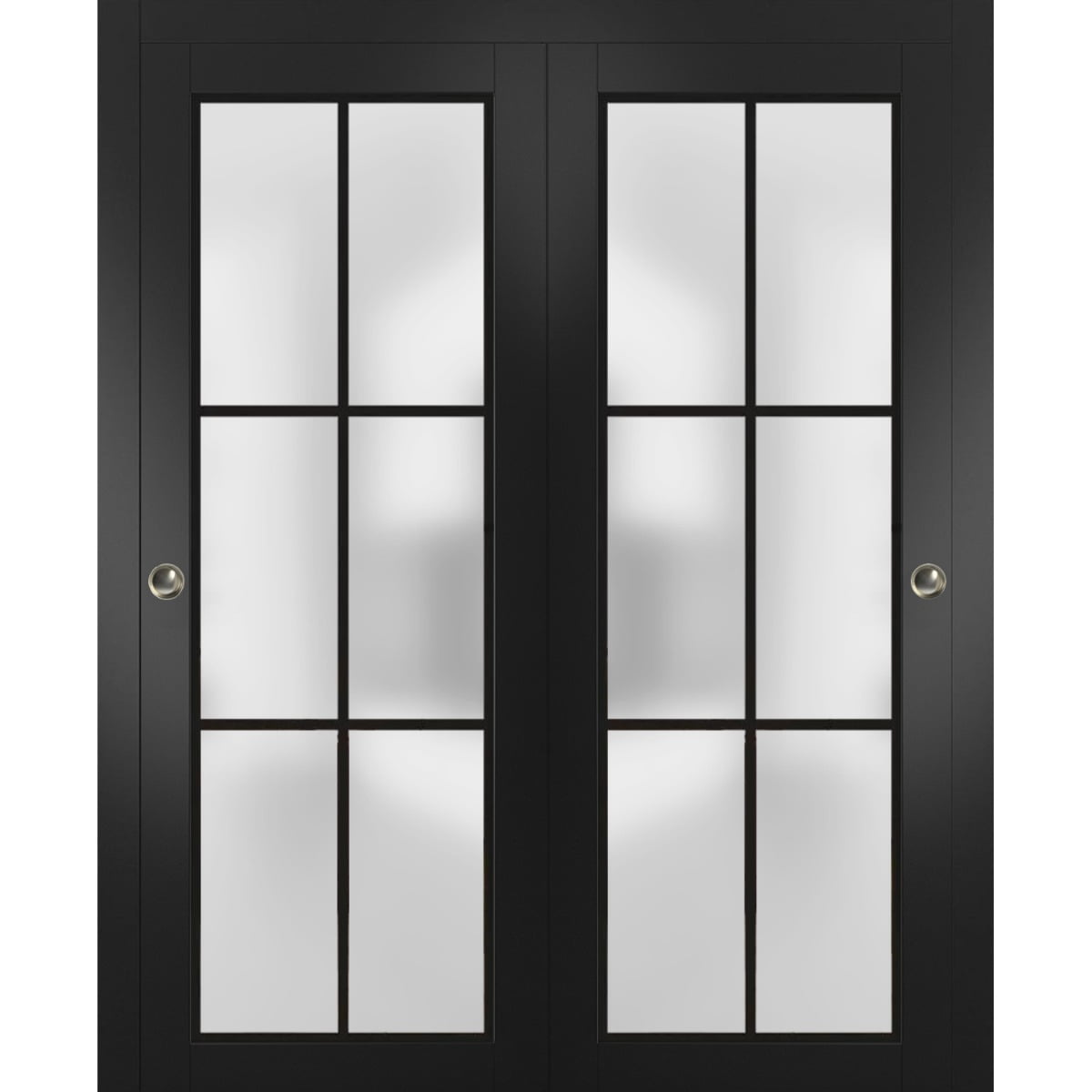 Sliding Closet Bypass Doors 72 x 80 inches | Planum 2122 Matte Black Frosted Glass | Sturdy Rails Moldings Trims Hardware Set | Wood Solid Bedroom Wardrobe Doors