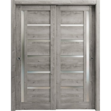 Sliding Closet Bypass Doors 72 x 80 inches | Quadro 4088 Nebraska Grey with Frosted Glass | Sturdy Rails Moldings Trims Hardware Set | Wood Solid Bedroom Wardrobe Doors