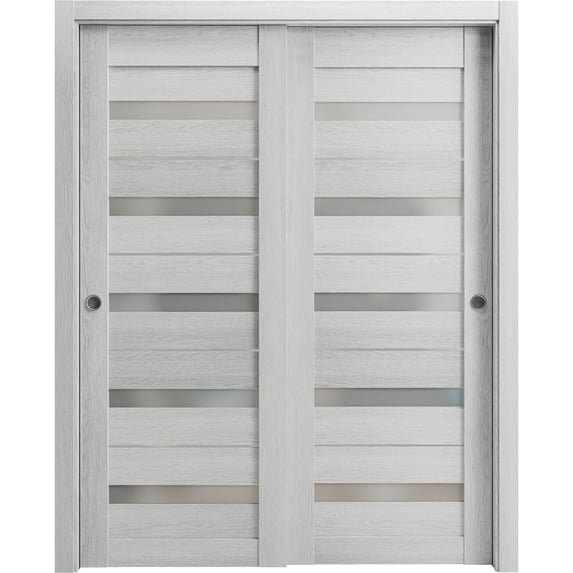 Sliding Closet Bypass Doors 72 x 80 inches | Quadro 4445 Light Grey Oak with Frosted Glass | Sturdy Rails Moldings Trims Hardware Set | Wood Solid Bedroom Wardrobe Doors