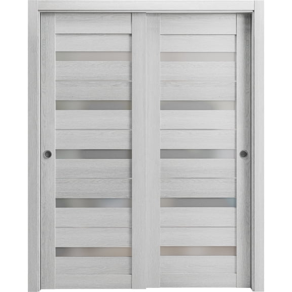 Sliding Closet Bypass Doors 72 x 80 inches | Quadro 4445 Light Grey Oak with Frosted Glass | Sturdy Rails Moldings Trims Hardware Set | Wood Solid Bedroom Wardrobe Doors
