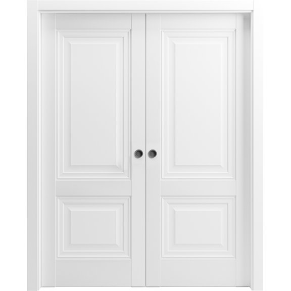 Sliding Closet Bypass Doors 72 x 80 inches | Sete 6933 Light Grey Oak with Frosted Glass | Sturdy Rails Moldings Trims Hardware Set | Wood Solid Bedroom Wardrobe Doors