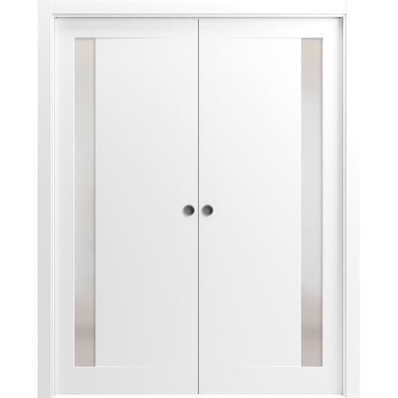 Sliding Closet Bypass Doors 72 x 80 inches | Sete 6933 Matte Black with Frosted Glass | Sturdy Rails Moldings Trims Hardware Set | Wood Solid Bedroom Wardrobe Doors