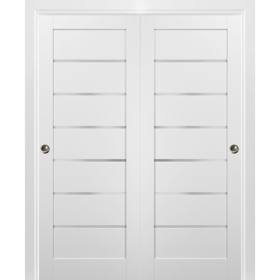 Sliding Closet Bypass Doors 72 x 84 with hardware | Quadro 4117 White Silk with Frosted Opaque Glass | Sturdy Top Mount Rails Moldings Trims Set | Kitchen Lite Wooden Solid Bedroom Wardrobe Doors