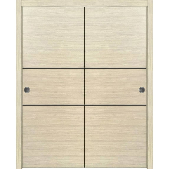 Sliding Closet Bypass Doors 72 x 84 inches | Planum 0014 Natural Veneer with Frosted Glass | Sturdy Rails Moldings Trims Hardware Set | Wood Solid Bedroom Wardrobe Doors