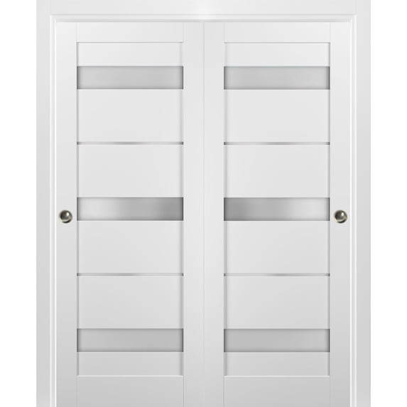 Sliding Closet Bypass Doors 72 x 96 with hardware | Quadro 4055 White Silk with Frosted Opaque Glass | Sturdy Top Mount Rails Moldings Trims Set | Kitchen Lite Wooden Solid Bedroom Wardrobe Doors