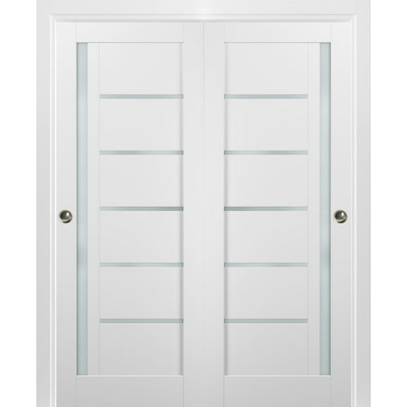 Sliding Closet Bypass Doors 72 x 96 with hardware | Quadro 4088 White Silk with Frosted Opaque Glass | Sturdy Top Mount Rails Moldings Trims Set | Kitchen Lite Wooden Solid Bedroom Wardrobe Doors