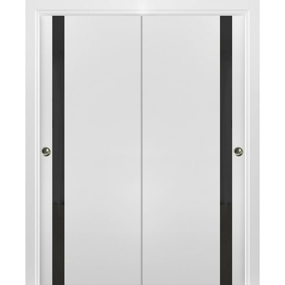 Sliding Closet Bypass Doors 72 x 96 inches | Planum 0040 White Silk with Black Glass | Sturdy Rails Moldings Trims Hardware Set | Wood Solid Bedroom Wardrobe Doors