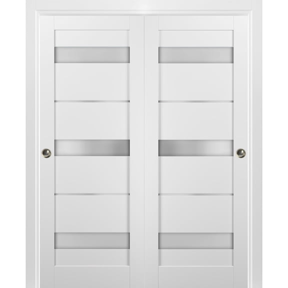 Sliding Closet Bypass Doors 84 x 80 with hardware | Quadro 4055 White Silk with Frosted Opaque Glass | Sturdy Top Mount Rails Moldings Trims Set | Kitchen Lite Wooden Solid Bedroom Wardrobe Doors