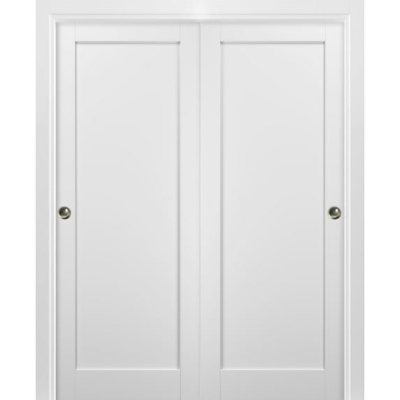 Sliding Closet Bypass Doors 84 x 80 with hardware | Quadro 4111 White Silk | Sturdy Top Mount Rails Moldings Trims Set | Kitchen Wooden Solid Bedroom Wardrobe Doors