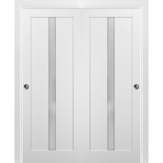 Sliding Closet Bypass Doors 84 x 80 with hardware | Quadro 4112 White Silk with Frosted Opaque Glass | Sturdy Top Mount Rails Moldings Trims Set | Kitchen Lite Wooden Solid Bedroom Wardrobe Doors
