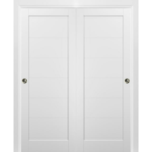 Sliding Closet Bypass Doors 84 x 80 with hardware | Quadro 4115 White Silk | Sturdy Top Mount Rails Moldings Trims Set | Kitchen Wooden Solid Bedroom Wardrobe Doors