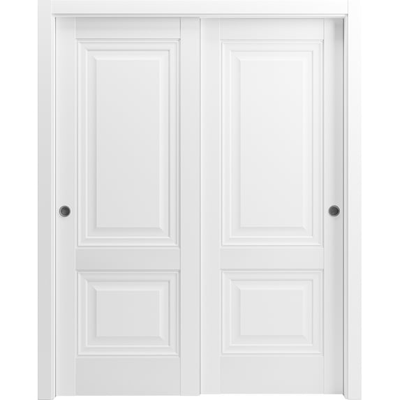 Sliding Closet Bypass Doors 84 x 80 inches | Lucia 8831 White Silk | Sturdy Rails Moldings Trims Hardware Set | Wood Solid Bedroom Wardrobe Doors