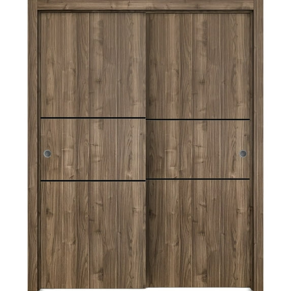 Sliding Closet Bypass Doors 84 x 80 inches | Planum 0014 Walnut with Frosted Glass | Sturdy Rails Moldings Trims Hardware Set | Wood Solid Bedroom Wardrobe Doors