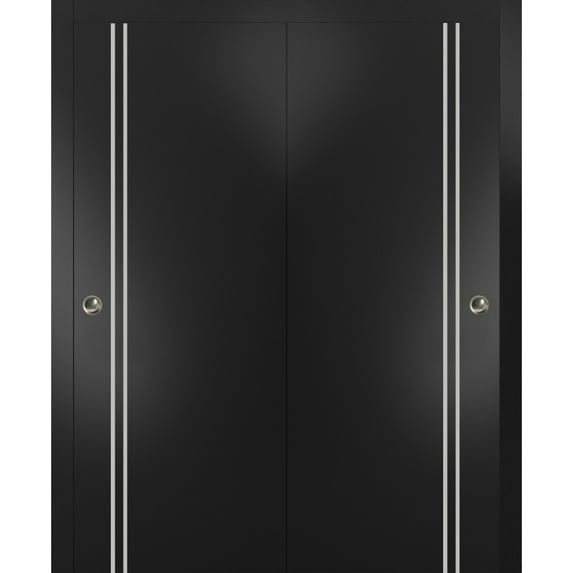 Sliding Closet Bypass Doors 84 x 80 inches | Planum 0310 Matte Black with Frosted Glass | Sturdy Rails Moldings Trims Hardware Set | Wood Solid Bedroom Wardrobe Doors