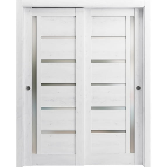 Sliding Closet Bypass Doors 84 x 84 inches | Quadro 4088 Nordic White with Frosted Glass | Sturdy Rails Moldings Trims Hardware Set | Wood Solid Bedroom Wardrobe Doors