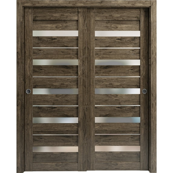 Sliding Closet Bypass Doors 84 x 84 inches | Quadro 4445 Cognac Oak with Frosted Glass | Sturdy Rails Moldings Trims Hardware Set | Wood Solid Bedroom Wardrobe Doors