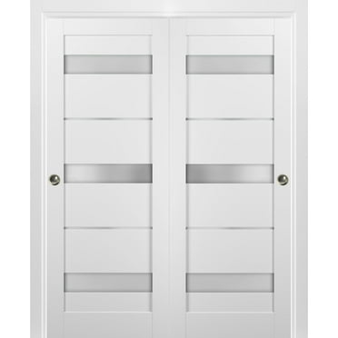 Sliding Closet Bypass Doors 84 x 96 with hardware | Quadro 4055 White Silk with Frosted Opaque Glass | Sturdy Top Mount Rails Moldings Trims Set | Kitchen Lite Wooden Solid Bedroom Wardrobe Doors