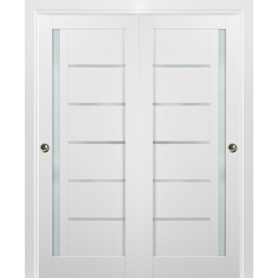 Sliding Closet Bypass Doors 84 x 96 with hardware | Quadro 4088 White Silk with Frosted Opaque Glass | Sturdy Top Mount Rails Moldings Trims Set | Kitchen Lite Wooden Solid Bedroom Wardrobe Doors