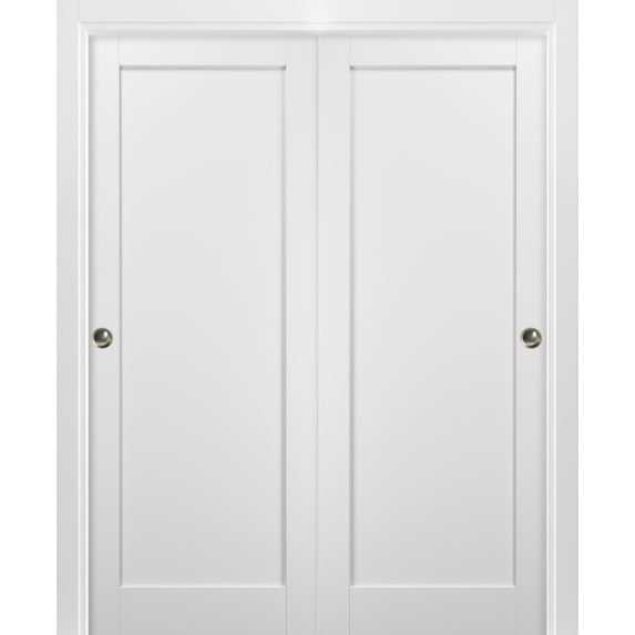 Sliding Closet Bypass Doors 84 x 96 with hardware | Quadro 4111 White Silk | Sturdy Top Mount Rails Moldings Trims Set | Kitchen Wooden Solid Bedroom Wardrobe Doors