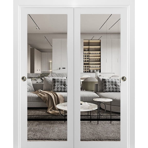 Sliding Closet Bypass Doors 84 x 96 inches | Lucia 2666 White Silk Clear Glass | Sturdy Rails Moldings Trims Hardware Set | Wood Solid Bedroom Wardrobe Doors