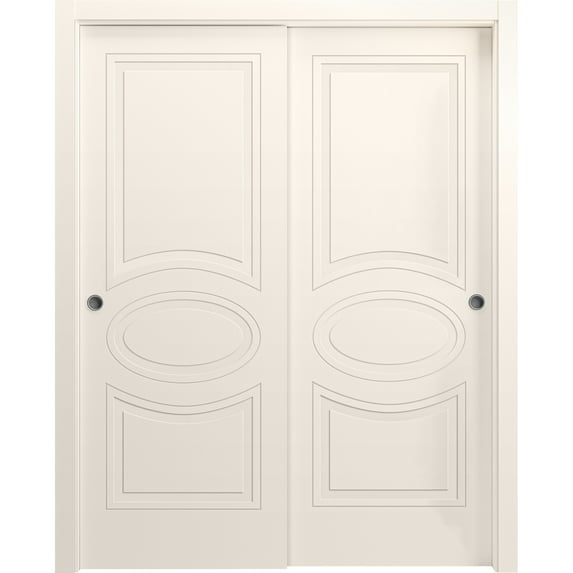 Sliding Closet Bypass Doors 84 x 96 inches / Mela 7001 Painted Creamy / Rails Hardware Set / Wood Solid Bedroom Wardrobe Doors
