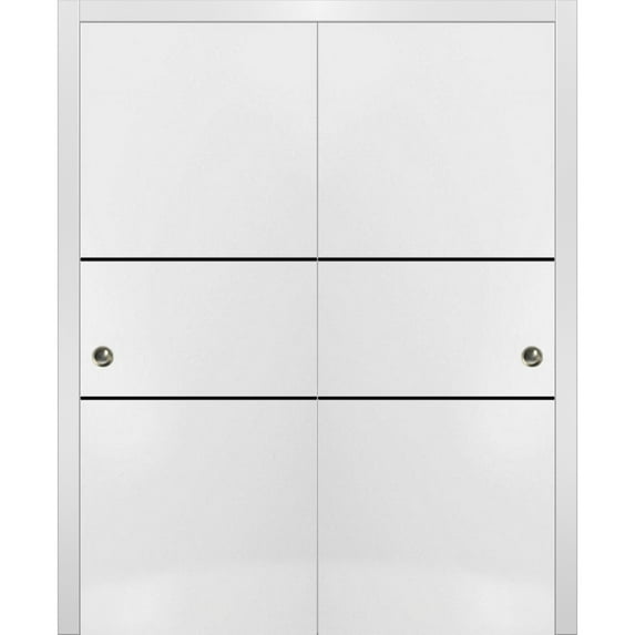 Sliding Closet Bypass Doors 84 x 96 inches | Planum 0014 White Silk with Frosted Glass | Sturdy Rails Moldings Trims Hardware Set | Wood Solid Bedroom Wardrobe Doors