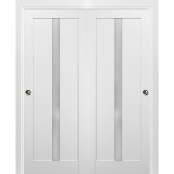 Sliding Closet Bypass Doors 84 x 84 with hardware | Quadro 4112 White Silk with Frosted Opaque Glass | Sturdy Top Mount Rails Moldings Trims Set | Kitchen Lite Wooden Solid Bedroom Wardrobe Doors