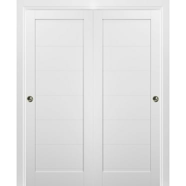 Sliding Closet Bypass Doors 84 x 84 with hardware | Quadro 4115 White Silk | Sturdy Top Mount Rails Moldings Trims Set | Kitchen Wooden Solid Bedroom Wardrobe Doors