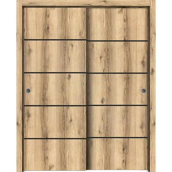 Sliding Closet Bypass Doors 84 x 84 inches | Planum 0015 Oak with Frosted Glass | Sturdy Rails Moldings Trims Hardware Set | Wood Solid Bedroom Wardrobe Doors