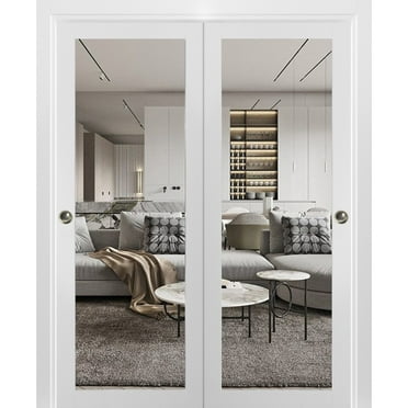 Sliding Closet Bypass Doors with Clear Glass | Lucia 2166 White Silk | Sturdy Rails Moldings Trims Hardware Set | Wood Solid Bedroom Wardrobe Doors-36" x 84" (2* 18x84)-Clear Glass