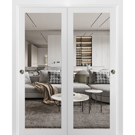 Sliding Closet Bypass Doors with Clear Glass | Lucia 2166 White Silk | Sturdy Rails Moldings Trims Hardware Set | Wood Solid Bedroom Wardrobe Doors-72" x 80" (2* 36x80)-Clear Glass