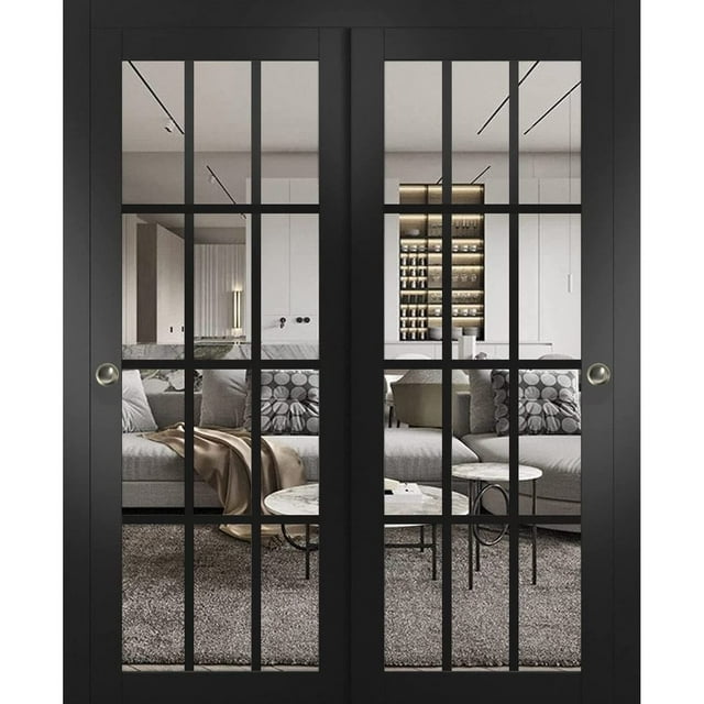 Sliding Closet Bypass Doors | Felicia 3355 Matte Black with Clear Glass | Sturdy Rails Moldings Trims Hardware Set | Wood Solid Bedroom Wardrobe Doors