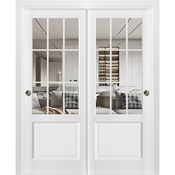 Sliding Closet Bypass Doors | Felicia 3599 White Silk with Clear Glass | Sturdy Rails Moldings Trims Hardware Set | Wood Solid Bedroom Wardrobe Doors -48" x 84" (2* 24x84)-Clear Glass