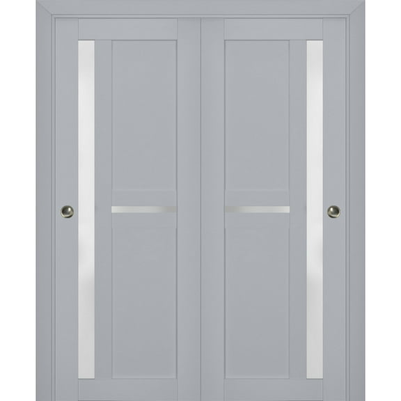Sliding Closet Bypass Doors with Frosted Glass | Veregio 7288 Matte Grey | Sturdy Rails Moldings Trims Hardware Set | Wood Solid Bedroom Wardrobe Doors -36" x 84" (2* 18x84)