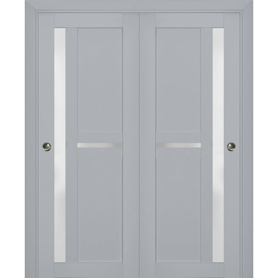 Sliding Closet Bypass Doors with Frosted Glass | Veregio 7288 Matte Grey | Sturdy Rails Moldings Trims Hardware Set | Wood Solid Bedroom Wardrobe Doors -56" x 84" (2* 28x84)