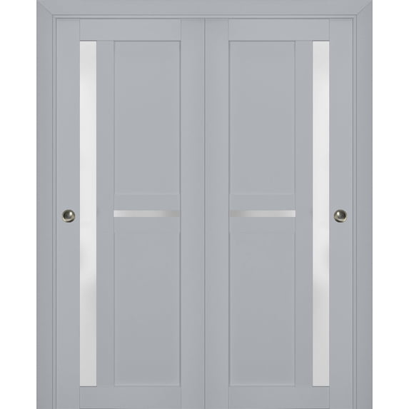 Sliding Closet Bypass Doors with Frosted Glass | Veregio 7288 Matte Grey | Sturdy Rails Moldings Trims Hardware Set | Wood Solid Bedroom Wardrobe Doors -56" x 96" (2* 28x96)