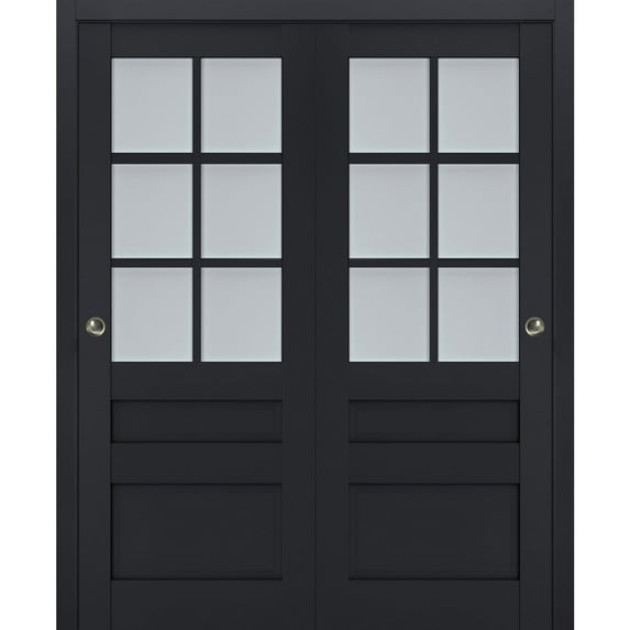 Sliding Closet Bypass Doors with Frosted Glass | Veregio 7339 Antracite| Sturdy Rails Moldings Trims Hardware Set | Wood Solid Bedroom Wardrobe Doors -72" x 84" (2* 36x84)