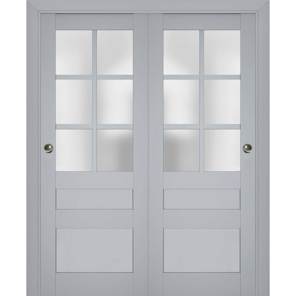 Sliding Closet Bypass Doors with Frosted Glass | Veregio 7339 Matte Grey | Sturdy Rails Moldings Trims Hardware Set | Wood Solid Bedroom Wardrobe Doors -36" x 84" (2* 18x84)