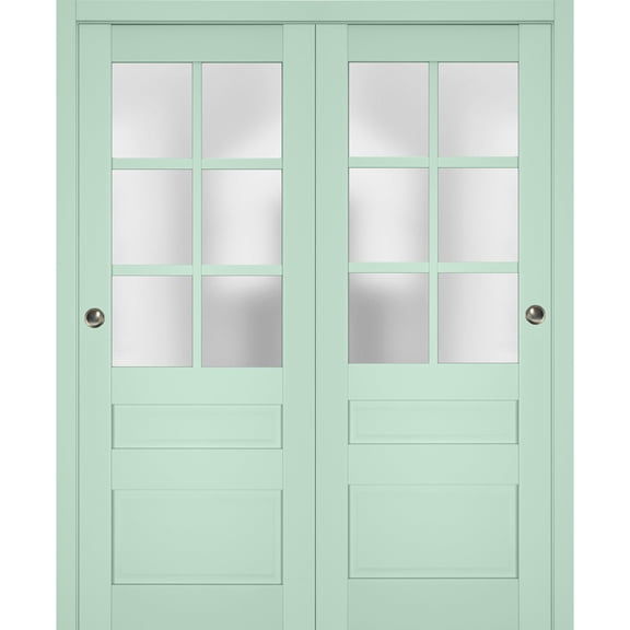 Sliding Closet Bypass Doors with Frosted Glass | Veregio 7339 Oliva| Sturdy Rails Moldings Trims Hardware Set | Wood Solid Bedroom Wardrobe Doors -84" x 84" (2* 42x84)