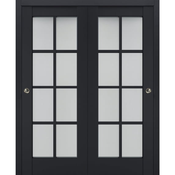 Sliding Closet Bypass Doors with Frosted Glass | Veregio 7412 Antracite| Sturdy Rails Moldings Trims Hardware Set | Wood Solid Bedroom Wardrobe Doors -56" x 80" (2* 28x80)