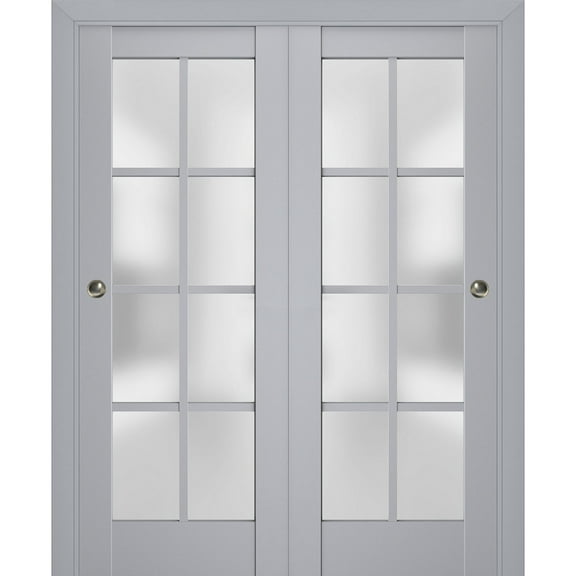 Sliding Closet Bypass Doors with Frosted Glass | Veregio 7412 Matte Grey | Sturdy Rails Moldings Trims Hardware Set | Wood Solid Bedroom Wardrobe Doors -36" x 84" (2* 18x84)