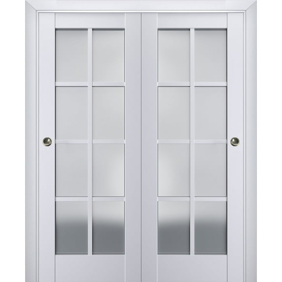 Sliding Closet Bypass Doors with Frosted Glass | Veregio 7412 White Silk | Sturdy Rails Moldings Trims Hardware Set | Wood Solid Bedroom Wardrobe Doors -72" x 96" (2* 36x96)