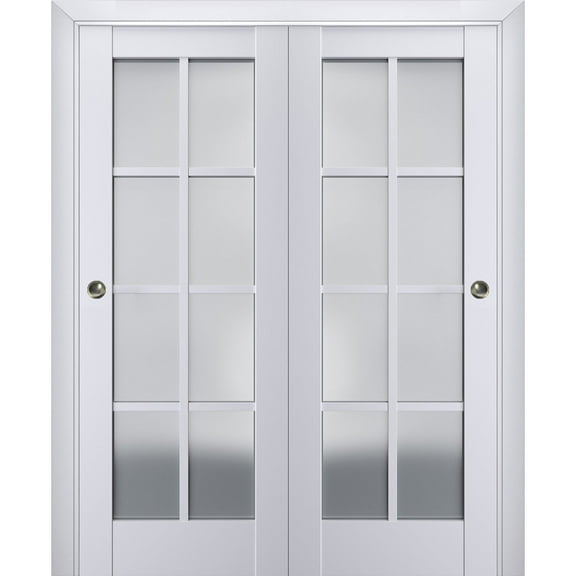 Sliding Closet Bypass Doors with Frosted Glass | Veregio 7412 White Silk | Sturdy Rails Moldings Trims Hardware Set | Wood Solid Bedroom Wardrobe Doors -36" x 84" (2* 18x84)