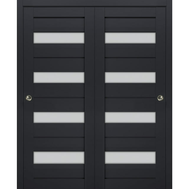 Sliding Closet Bypass Doors with Frosted Glass | Veregio 7455 Antracite| Sturdy Rails Moldings Trims Hardware Set | Wood Solid Bedroom Wardrobe Doors -36" x 80" (2* 18x80)