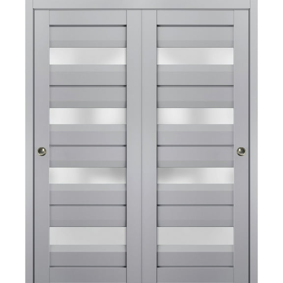 Sliding Closet Bypass Doors with Frosted Glass | Veregio 7455 Matte Grey | Sturdy Rails Moldings Trims Hardware Set | Wood Solid Bedroom Wardrobe Doors -36" x 84" (2* 18x84)