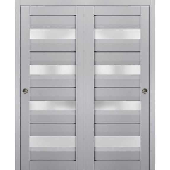 Sliding Closet Bypass Doors with Frosted Glass | Veregio 7455 Matte Grey | Sturdy Rails Moldings Trims Hardware Set | Wood Solid Bedroom Wardrobe Doors -72" x 80" (2* 36x80)