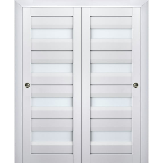 Sliding Closet Bypass Doors with Frosted Glass | Veregio 7455 White Silk | Sturdy Rails Moldings Trims Hardware Set | Wood Solid Bedroom Wardrobe Doors -64" x 80" (2* 32x80)